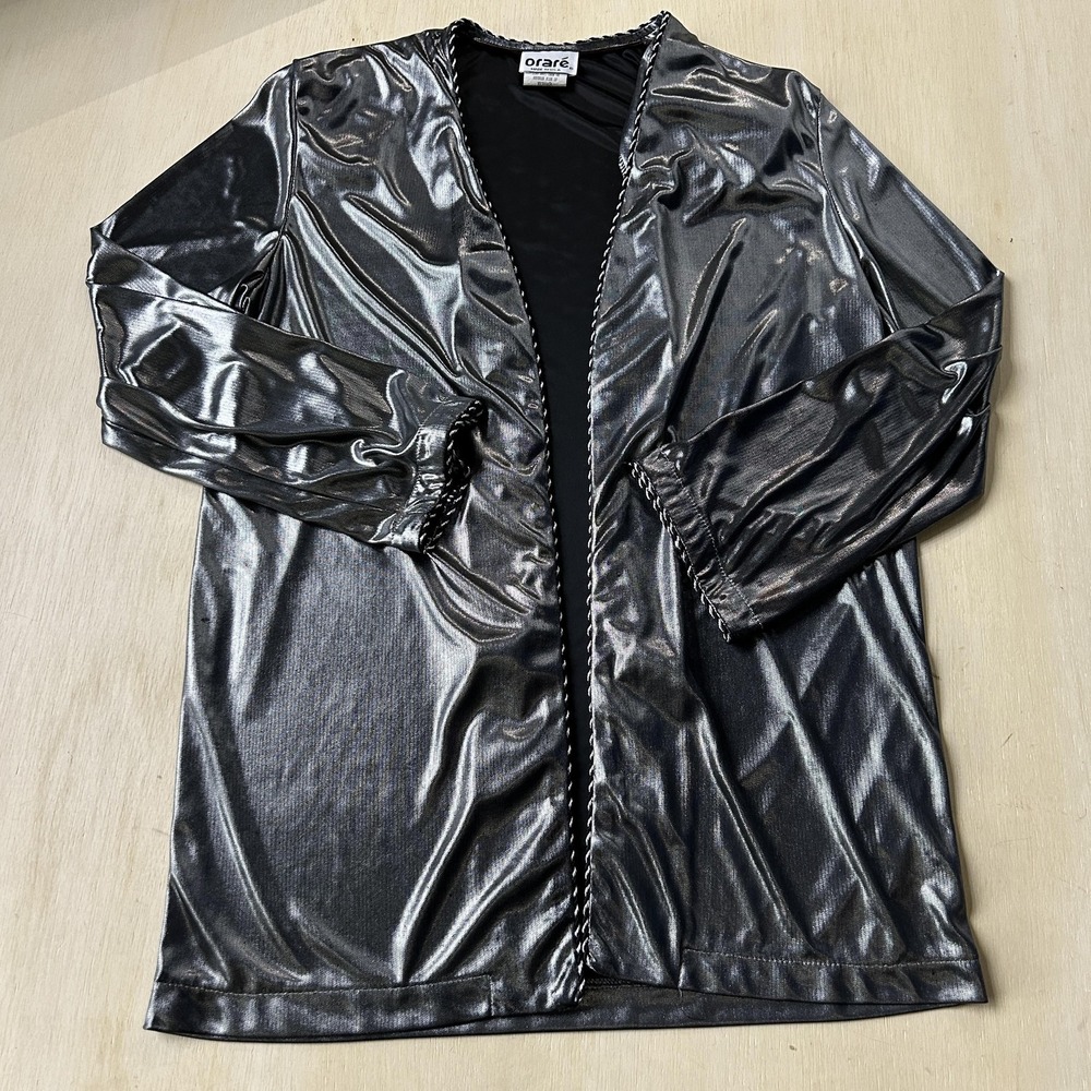 Vintage 90s Oraré Jacket Womens Medium Silver Metallic Satin Open Front Lined